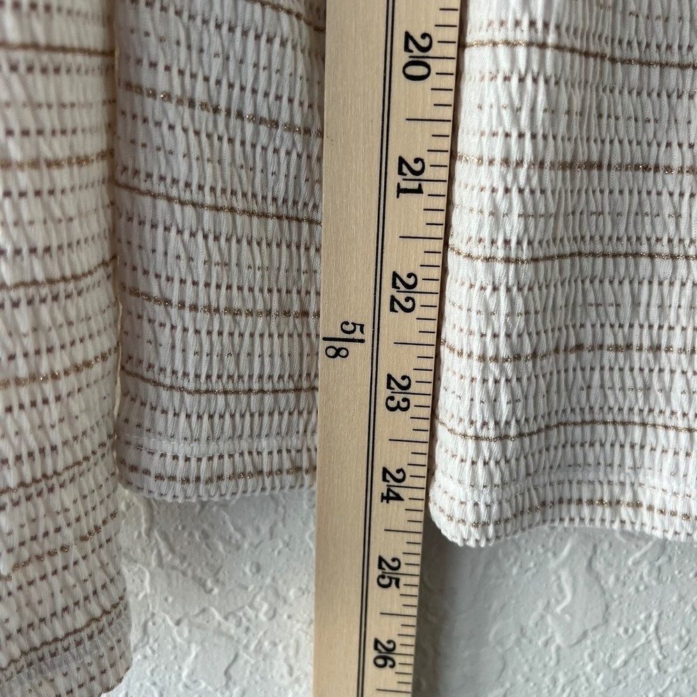 LOFT Smocked Metallic Striped Square Neck Puff Sleeve Top White Brown Gold L New - Picture 5 of 7